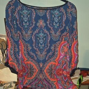 Adrianna Papell Navy Paisley Blouse with Pink and Orange Accents